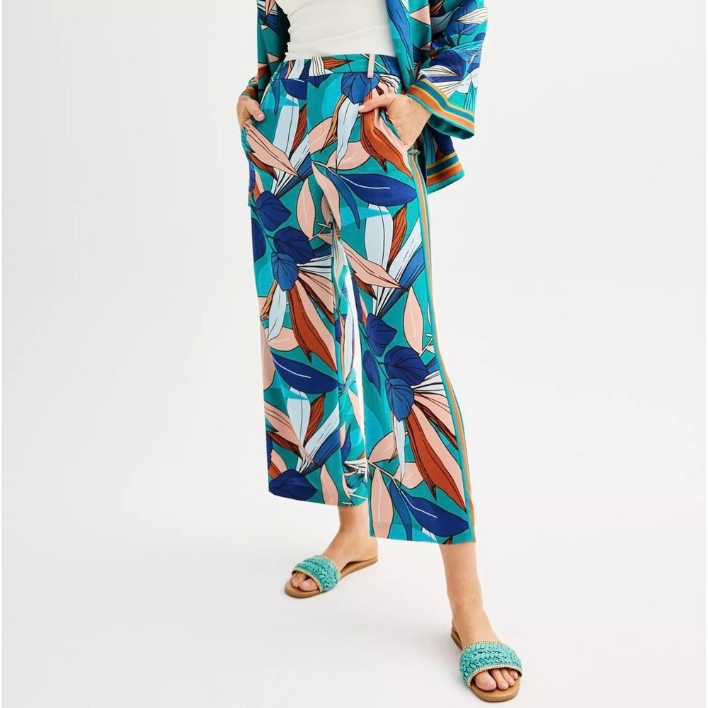 Nine West Womens Teal Tropical Leaf Print Wide Leg Crop Pants Size M Floral